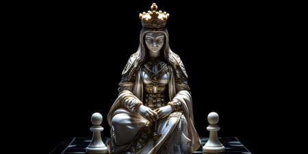 Statue of the Virgin Mary and King of chess on a black backgroundの素材