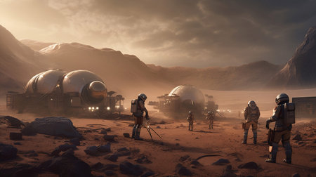 Astronaut and his team in the desert. 3D renderingの素材