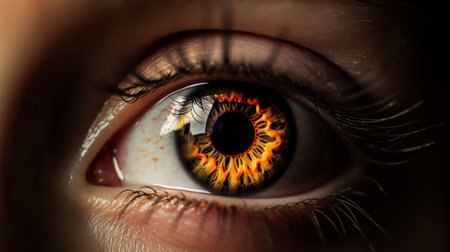 Close up of the eye of a young girl with an orange pupil.の素材