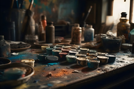 Paint mixing in a studio. Art and craft concept. Selective focus.の素材