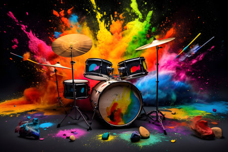 Drums with colorful splashes of paint on a black background.の素材