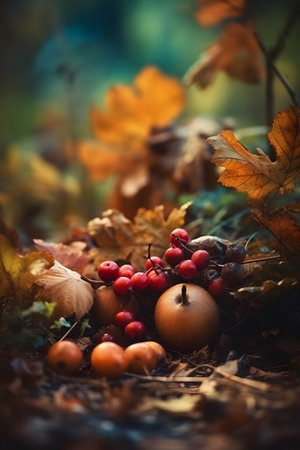 Autumn still life with acorns and rowan berries in the forestの素材
