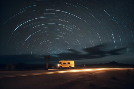 car on the road at night with stars in the sky. long exposureの素材