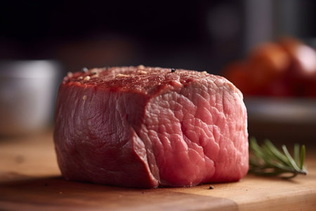 Raw beef steak with rosemary on a cutting board, close upの素材