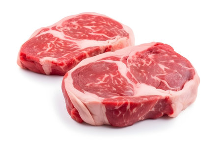 Raw pork chop meat isolated on white background cutout. Top view.の素材