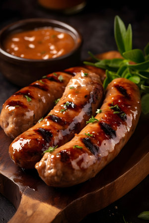 Grilled sausages with herbs and tomato sauce on wooden boardの素材