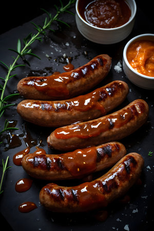 Grilled sausages with ketchup and rosemary on black backgroundの素材