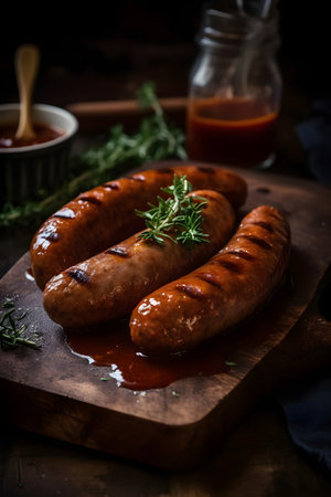 Grilled sausages with rosemary and tomato sauce on wooden backgroundの素材