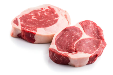 Raw pork neck chops isolated on white background. Top view. Flat lay.の素材