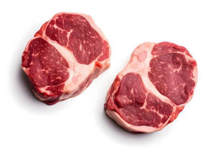 Raw pork loin chops isolated on white background. Top view.の素材