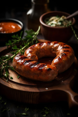 Grilled sausages on a wooden board with sauce and herbsの素材