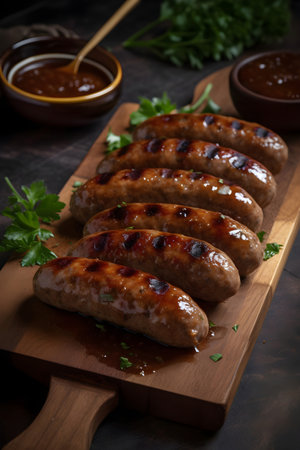 Grilled sausages on a wooden board with sauce and parsleyの素材