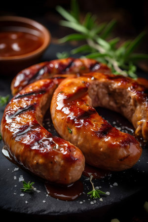 Grilled sausages with barbecue sauce and herbs on a black backgroundの素材