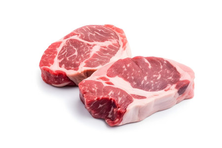 Raw pork neck steak isolated on white background. Top view. Flat lay.の素材