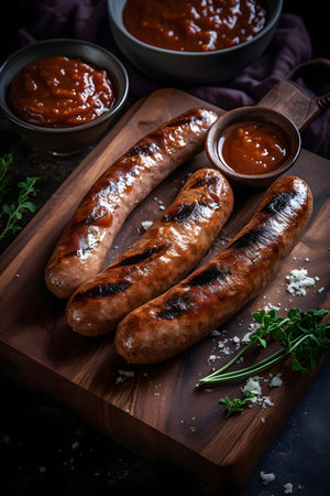 Grilled sausages with tomato sauce on a dark background. Selective focus.の素材
