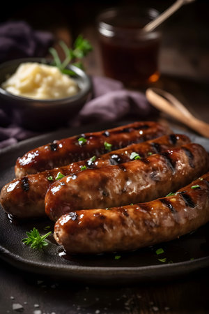 Grilled sausages with mashed potatoes and herbs on a plateの素材