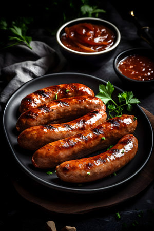 Grilled sausages with ketchup and parsley on black plateの素材