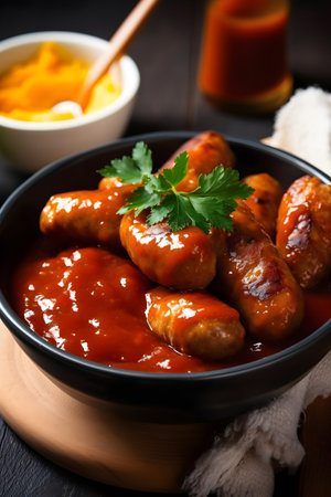 Grilled sausages with tomato sauce in bowl on wooden tableの素材