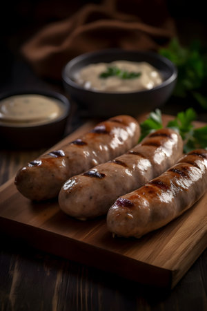 Grilled sausages with tartar sauce on a wooden boardの素材
