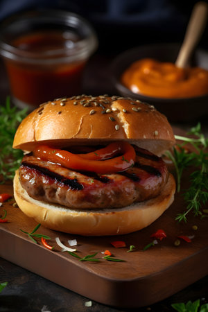 Beef burger with fresh vegetables and sauce on a wooden board.の素材