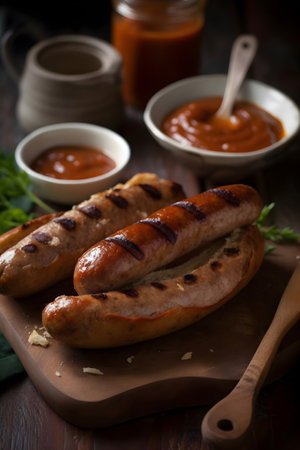 Grilled sausages with ketchup and mayonnaise, selective focusの素材