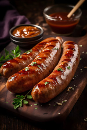 Grilled sausages with ketchup and parsley on wooden boardの素材