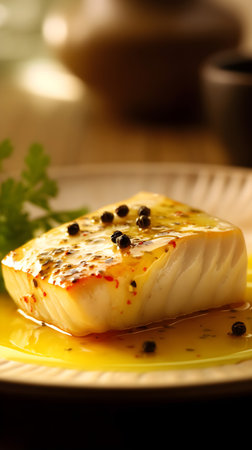 Piece of codfish on a plate, close-up.の素材