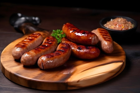Grilled sausages on a wooden board on a dark backgroundの素材