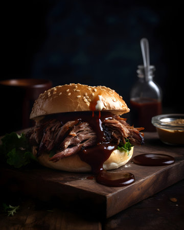 Beef hamburger with bbq sauce on wooden cutting boardの素材