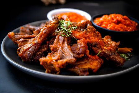 Grilled pork ribs with chili sauce on black background, selective focusの素材