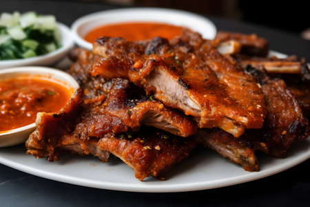 Grilled pork spareribs served with sweet and sour sauce.の素材