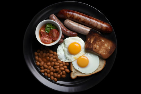 English breakfast with fried eggs, sausages, bacon and beansの素材