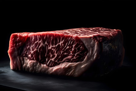 Raw beef steak on a black cutting board, isolated on black backgroundの素材