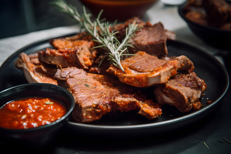 Grilled beef with tomato sauce and rosemary on a black plateの素材