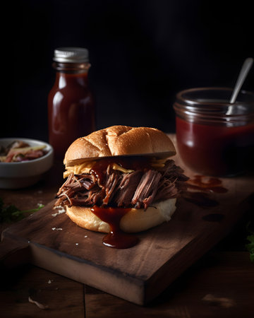 Burger with pulled pork on a wooden board with sauce and ketchupの素材