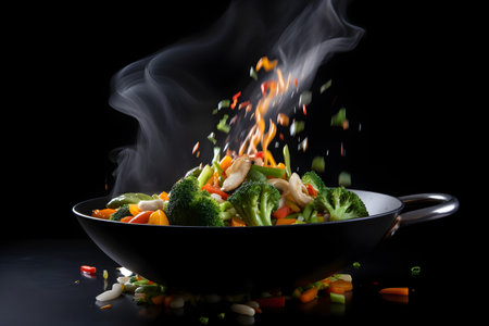 Fried vegetables in a wok on a black background with smokeの素材