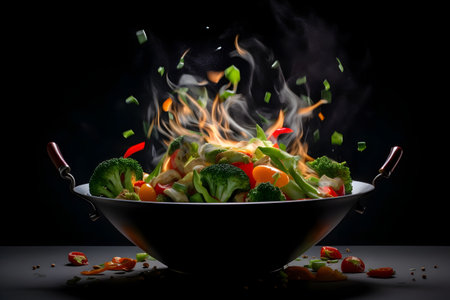 Flaming stir fry with vegetables in black bowl on black backgroundの素材