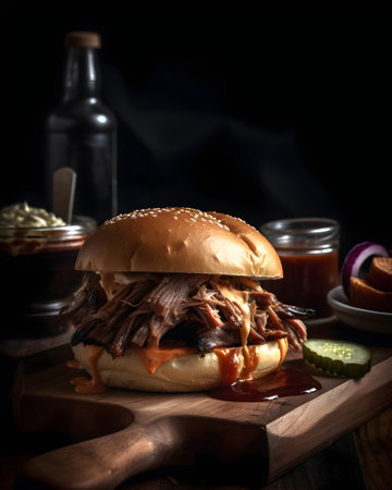 Tasty hamburger with ketchup and coleslaw on wooden boardの素材