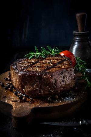 Grilled beef steak with herbs and spices on dark rustic backgroundの素材