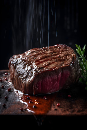 Grilled beef steak with rosemary and spices on dark background.の素材