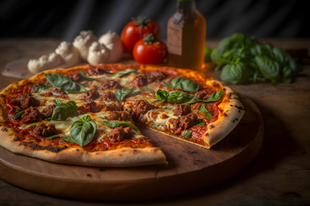 Pizza with meatballs, mozzarella and basil on wooden backgroundの素材