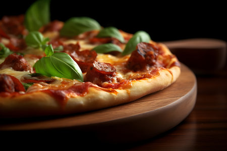 Pizza with salami and mozzarella on a wooden tableの素材