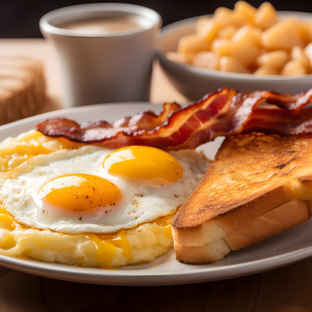 Breakfast with fried egg, bacon, toasts and coffee.の素材