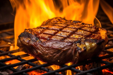 Grilled steak on the grill with flames background. Toned.の素材