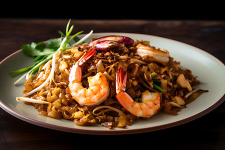 Fried rice noodles with shrimps and vegetables on wooden tableの素材