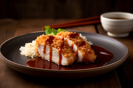 Fried pork cutlet with teriyaki sauce and rice on wooden tableの素材