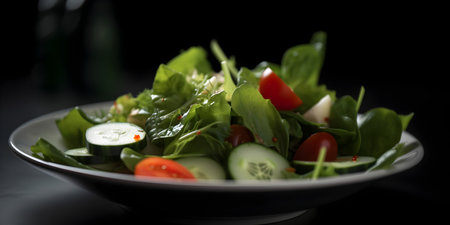 Fresh salad with tomatoes, cucumbers and herbs on a black backgroundの素材