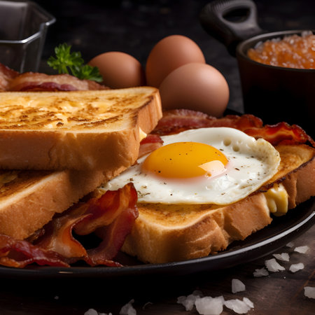 Toasted bread with fried egg and bacon for breakfast on black backgroundの素材