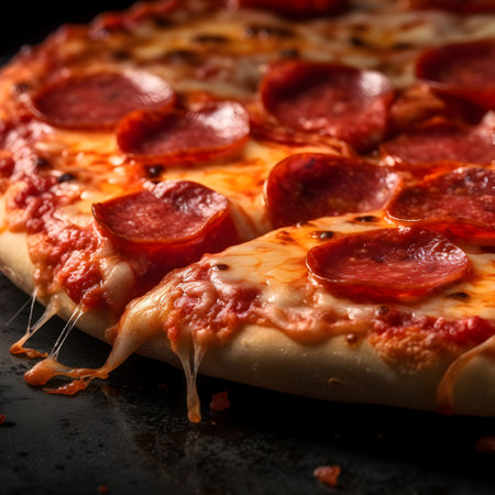 Pepperoni pizza with mozzarella cheese and salami on black backgroundの素材