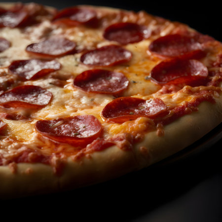 Pepperoni pizza on black background. Close up. Selective focus.の素材